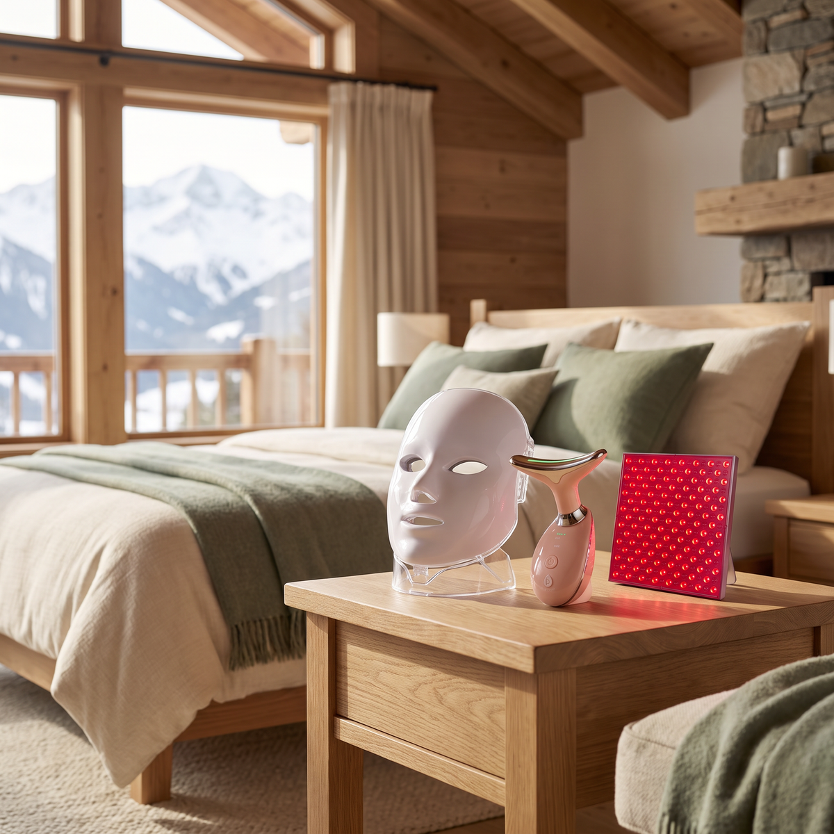 7-in-1 LED Mask, Wand & Therapy Panel - lifestyle photo in mountain cabin setting