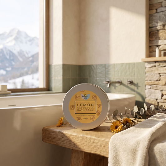 Lemon calendula bath soak tin on a wood bench beside a soaking tub with mountain view