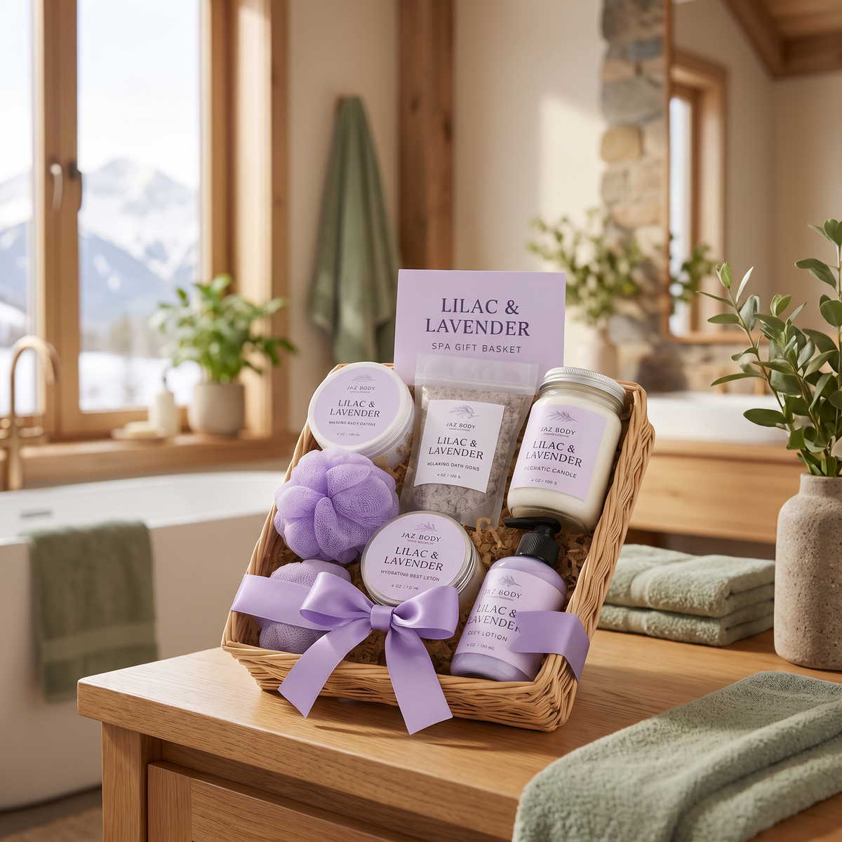 Lilac and Lavender Spa Gift Basket lifestyle photo in a mountain cabin bathroom