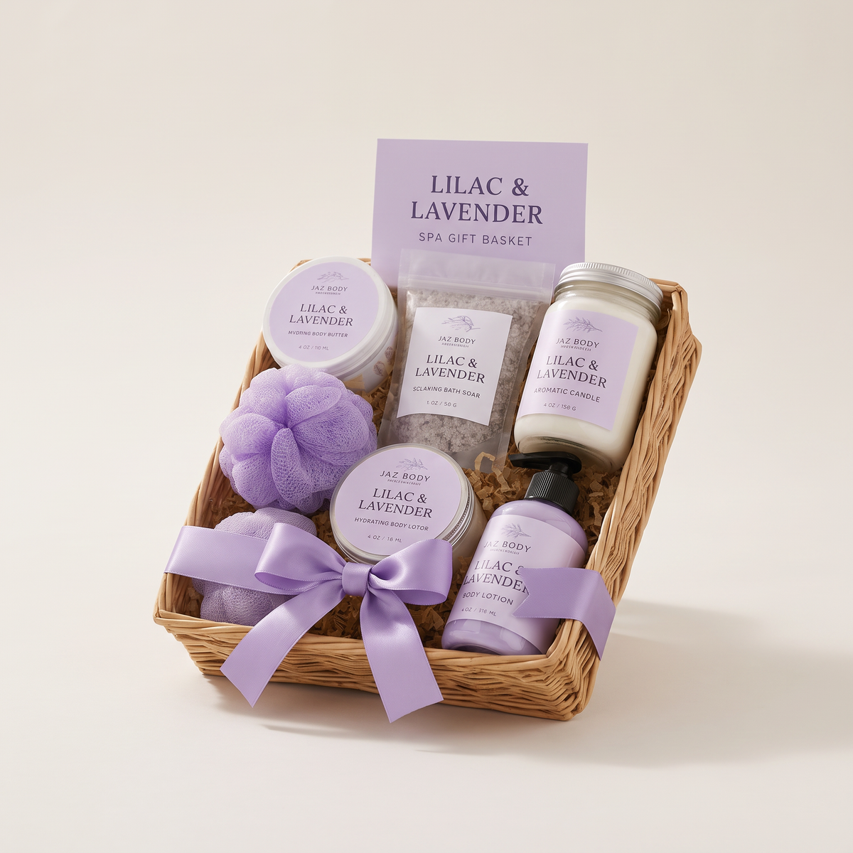 Lilac and Lavender Spa Gift Basket clean studio catalog photo