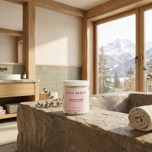 Magnesium Salt Soak jar in a mountain cabin bathroom with mountain view