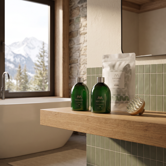 MASAMI Everything Shower Bundle staged on a bathroom shelf with mountain view