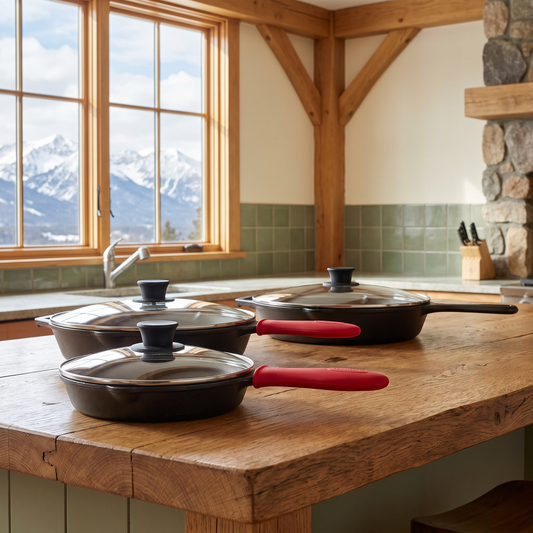 MegaChef 9-piece pre-seasoned cast iron skillet set with glass lids and red silicone holders, staged on a wooden kitchen island in a cozy mountain cabin with a snow-capped mountain view