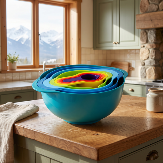 Stackable mixing bowl and measuring cup set staged in a cozy mountain cabin kitchen with snow-capped mountains visible through the window