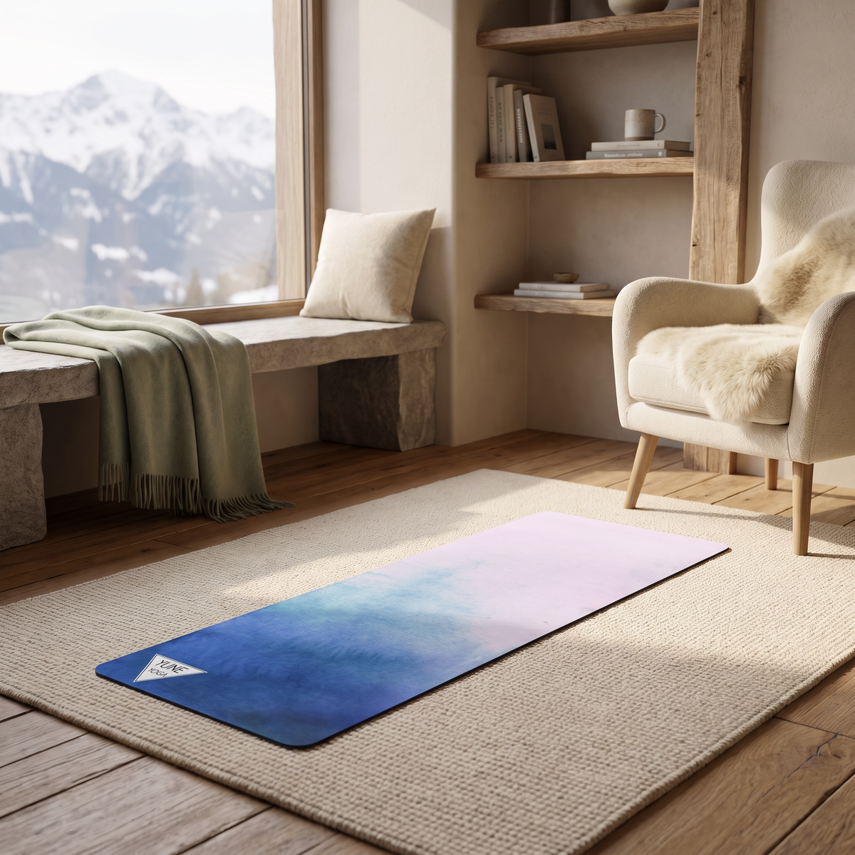 Natural Rubber Yoga Mat Serenity lifestyle mountain cabin scene