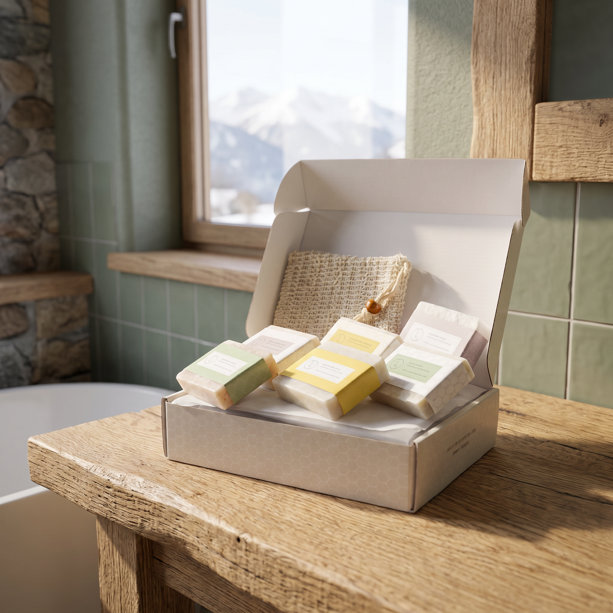 Handmade Natural Soap Bar Gift Set lifestyle photo in a mountain cabin bathroom