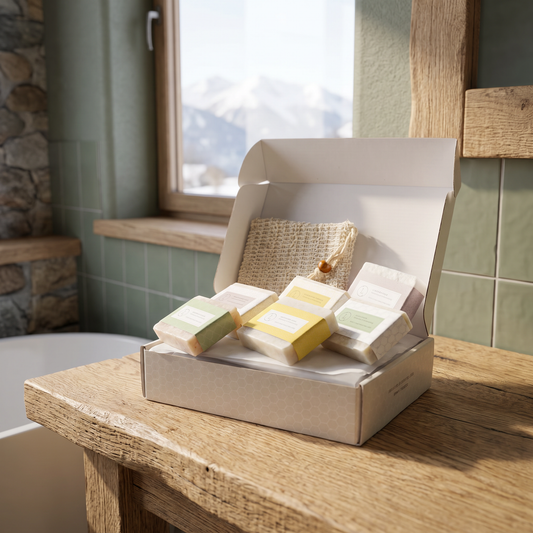 Handmade Natural Soap Bar Gift Set lifestyle photo in a mountain cabin bathroom