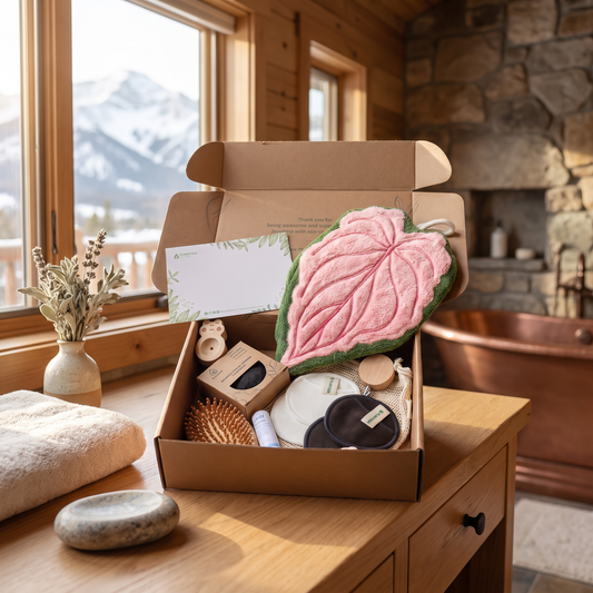 Wholistic Care Nurture Set lifestyle photo in a mountain cabin bathroom