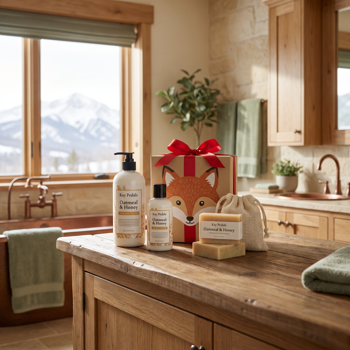 Oatmeal & Honey Bundle Gift Set lifestyle photo in a mountain cabin bathroom