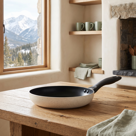 Oster Clairborne 9.5-inch round nonstick aluminum frying pan in linen, on a stovetop in a cozy mountain cabin kitchen with a snow-capped mountain view through the window