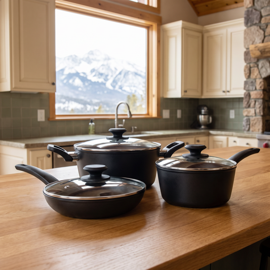 7-Piece Nonstick Aluminum Cookware Set in black staged in a mountain cabin kitchen setting