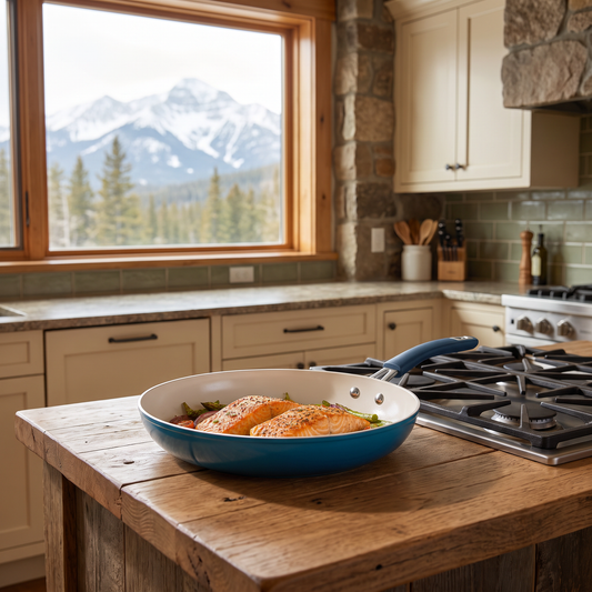 Oster Corbett 12-inch nonstick ceramic frying pan in blue, staged in a mountain cabin kitchen with a snow-capped mountain view