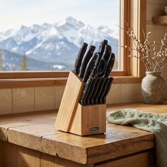 14-Piece Stainless Steel Cutlery Set with wood knife block, staged in a cozy mountain cabin kitchen with a snow-capped mountain view