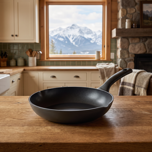 Oster Kingsway 9.5-inch aluminum nonstick frying pan in black, on a stovetop in a cozy mountain cabin kitchen with a snow-capped mountain view through the window