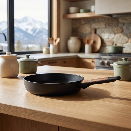 Oster Oxburg 10-inch nonstick aluminum frying pan in black, staged in a mountain cabin kitchen with a snow-capped mountain view