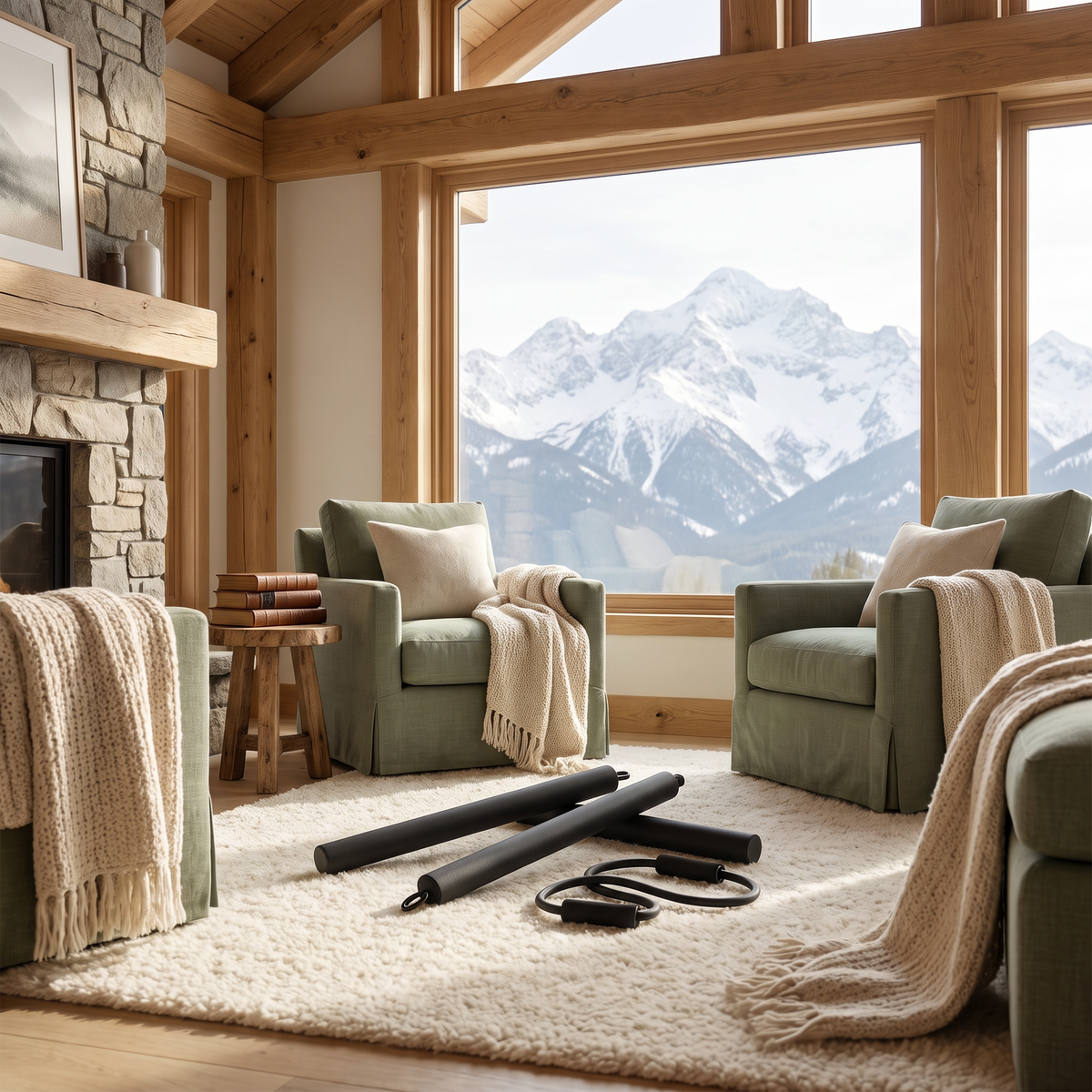Pilates Resistance Stick with Bands - lifestyle photo in mountain cabin setting