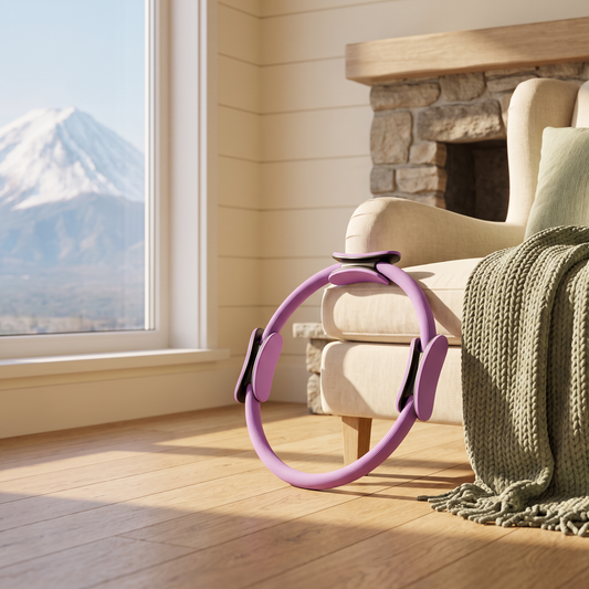 Pilates resistance ring in a bedroom reading nook with wood floor