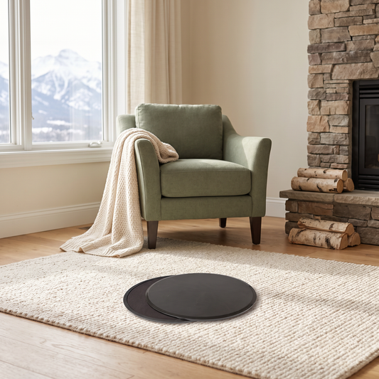 Pilates slide plates in a bedroom reading nook with wood floor