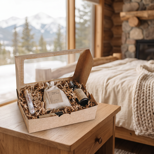 Pillow Spray, Relax Roller & Oatmeal Soak Gift Set lifestyle photo in a mountain cabin bedroom