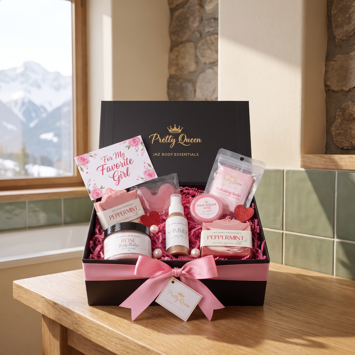 Pretty Queen 7-Piece Spa Gift Box lifestyle photo in a mountain cabin bathroom