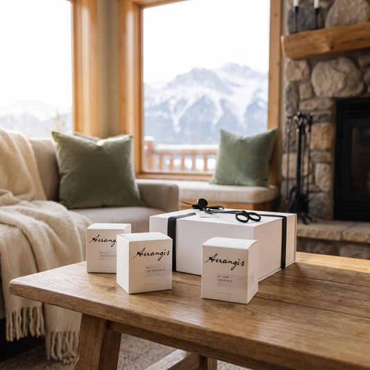 Quintessential Journey Candle Gift Set lifestyle photo in a mountain cabin living room