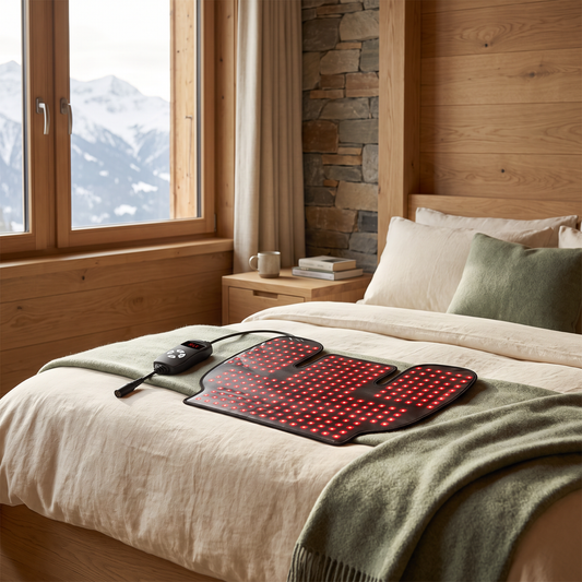 Red Light Therapy Shoulder Wrap staged on a bed in a mountain cabin bedroom with mountain view