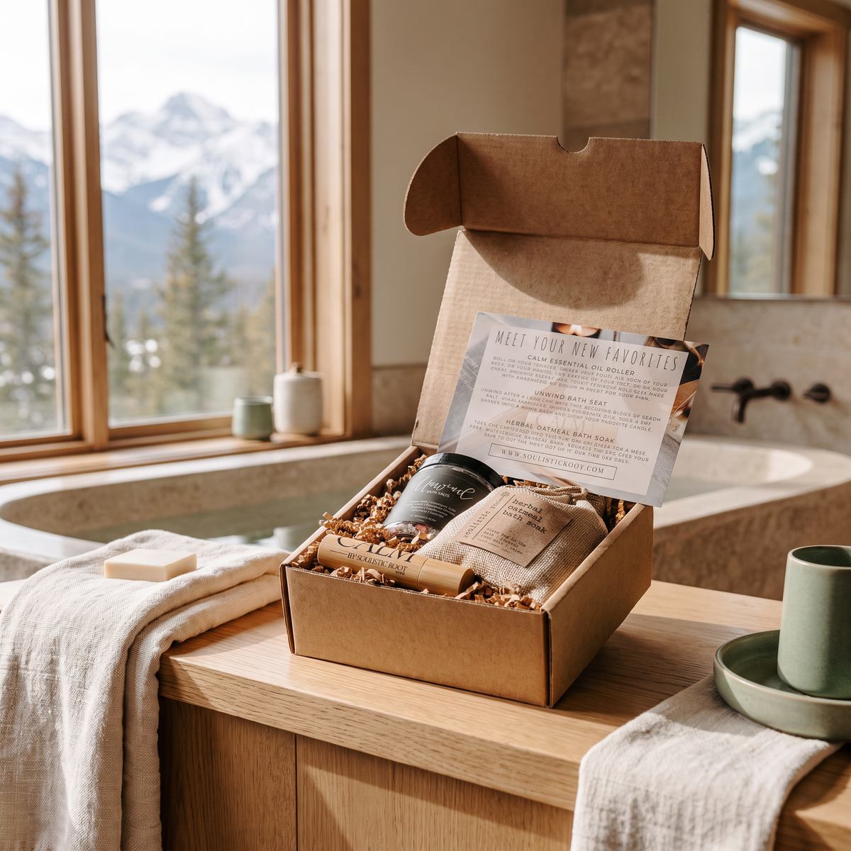 Relaxing Bath Gift Set lifestyle photo in a mountain cabin bathroom