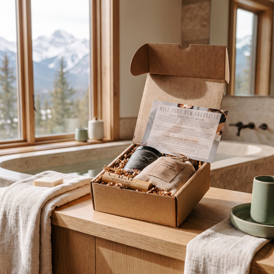 Relaxing Bath Gift Set lifestyle photo in a mountain cabin bathroom