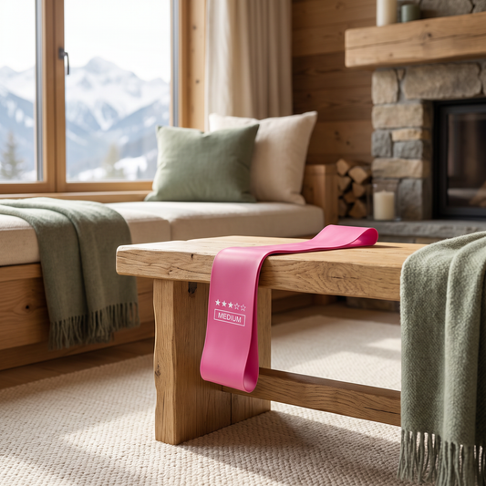 Resistance Bands Set staged in a mountain cabin living room with mountain view