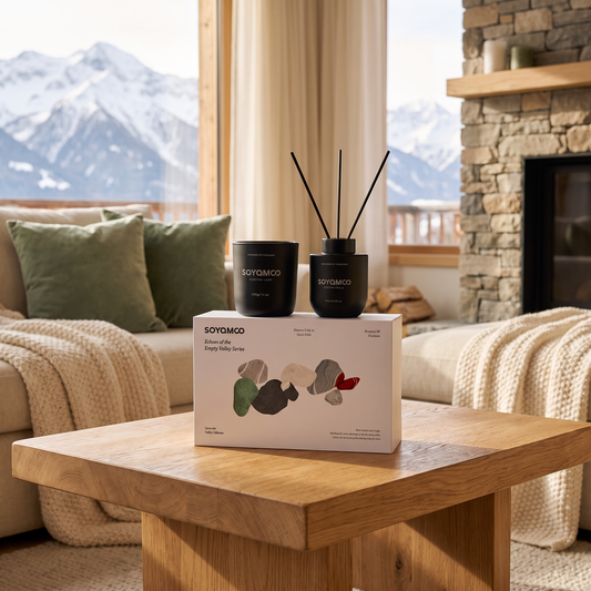 Sandalwood Candle and Diffuser Gift Set lifestyle photo in a mountain cabin living room