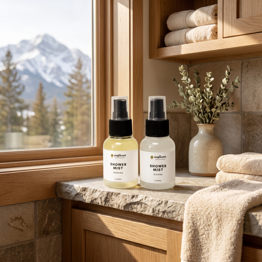 Shower Mist Duo bottles in a mountain cabin bathroom with mountain view