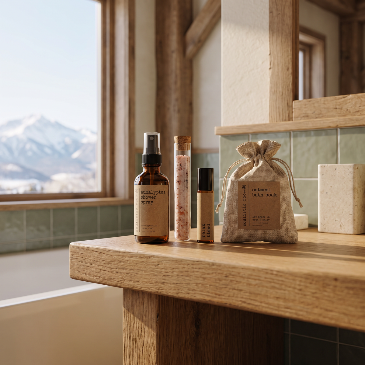 Shower Spray & Relax Roller Gift Set staged on a bathroom vanity ledge with mountain view