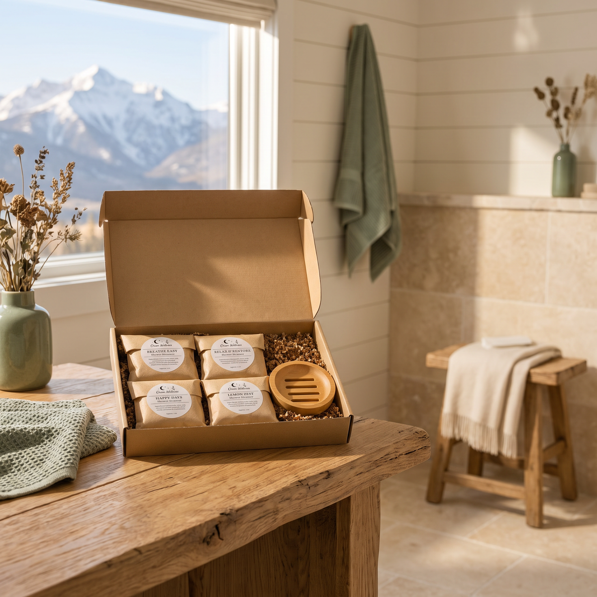 Shower Steamer Ritual Set - lifestyle photo in mountain cabin setting