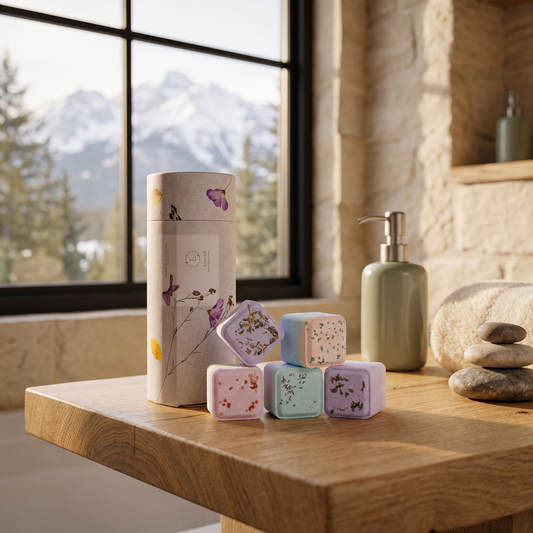 Shower Steamers Gift Set lifestyle photo in a mountain cabin bathroom