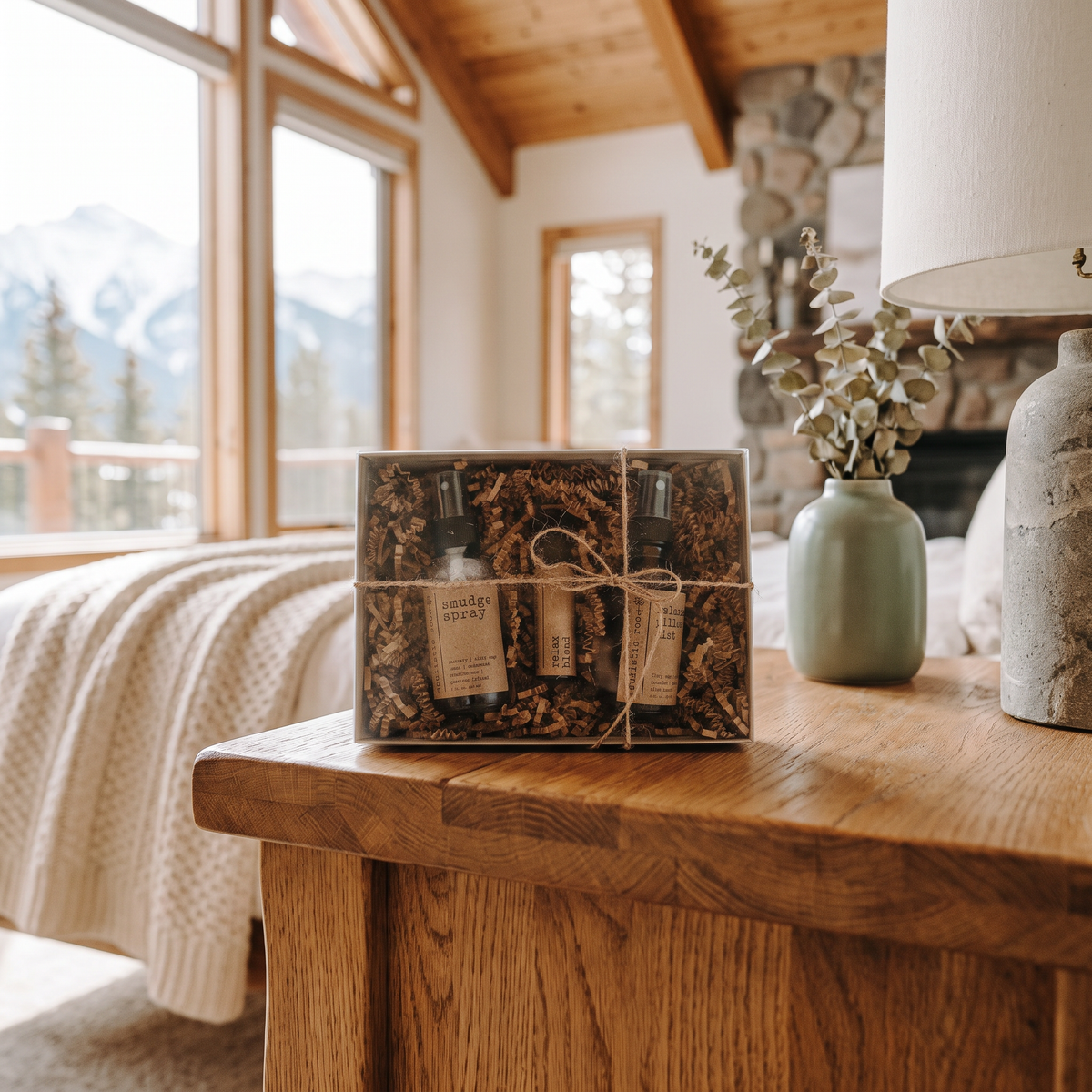 Smudge Spray, Pillow Spray & Relax Roller Gift Set lifestyle photo in a mountain cabin bedroom