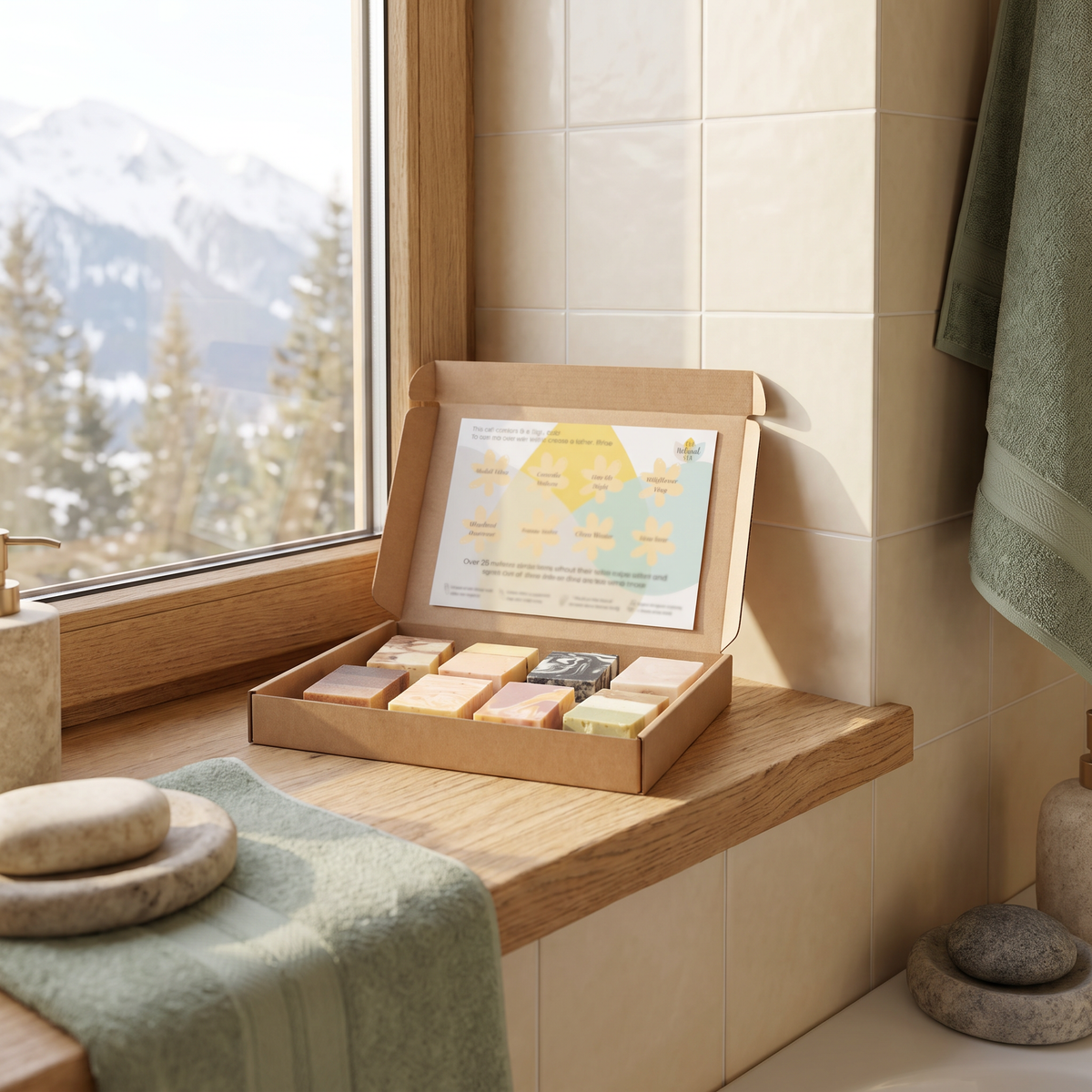 Mini Travel Soap Sampler Gift Set staged on a bathroom windowsill with mountain view