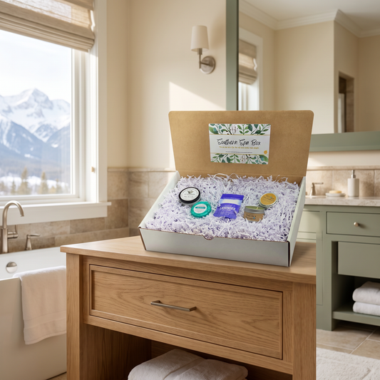 Southern Spa Gift Box lifestyle photo in a mountain cabin bathroom
