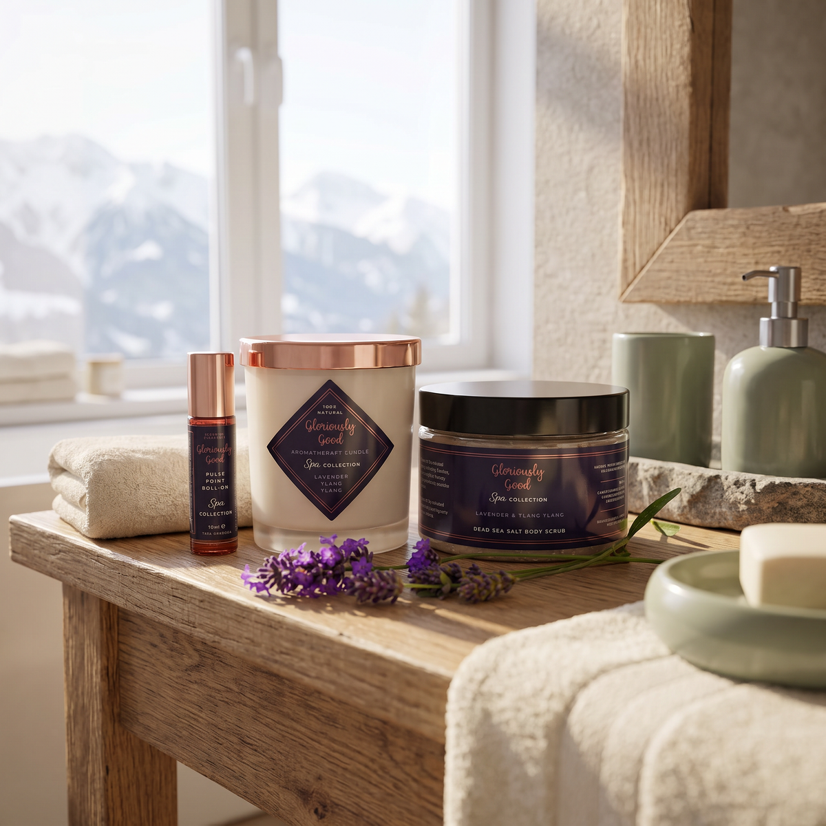 Spa Collection Gift Set staged on a bathroom vanity with mountain view