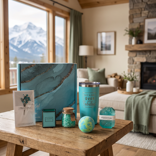 Sandalwood spa gift box set staged in a cozy mountain cabin interior with snow-capped mountains visible through the window
