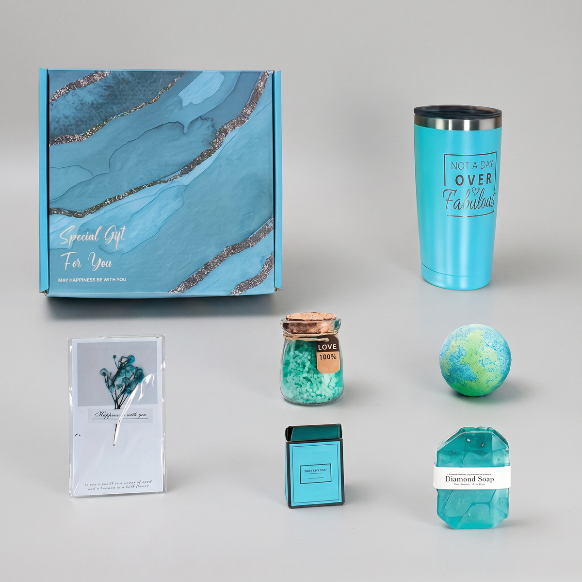 Sandalwood spa gift box set on a clean white studio background, product catalog photo