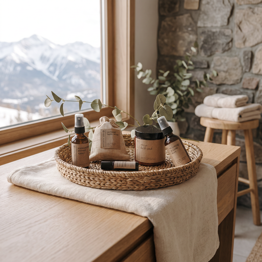 Spa Gift Set lifestyle photo in a mountain cabin bathroom