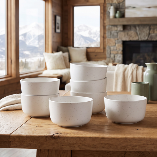 6-Piece Stoneware Bowl Set with reactive glaze staged in a mountain cabin kitchen setting