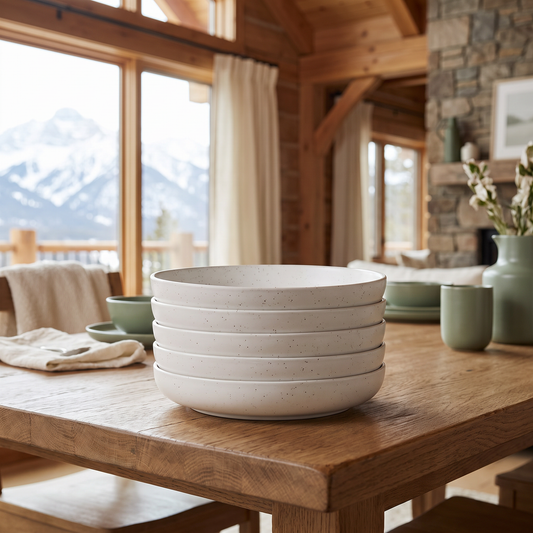 Stack of 9.5-inch Sea Salt stoneware bowls on a wooden table in a cozy mountain cabin with a snow-capped mountain view