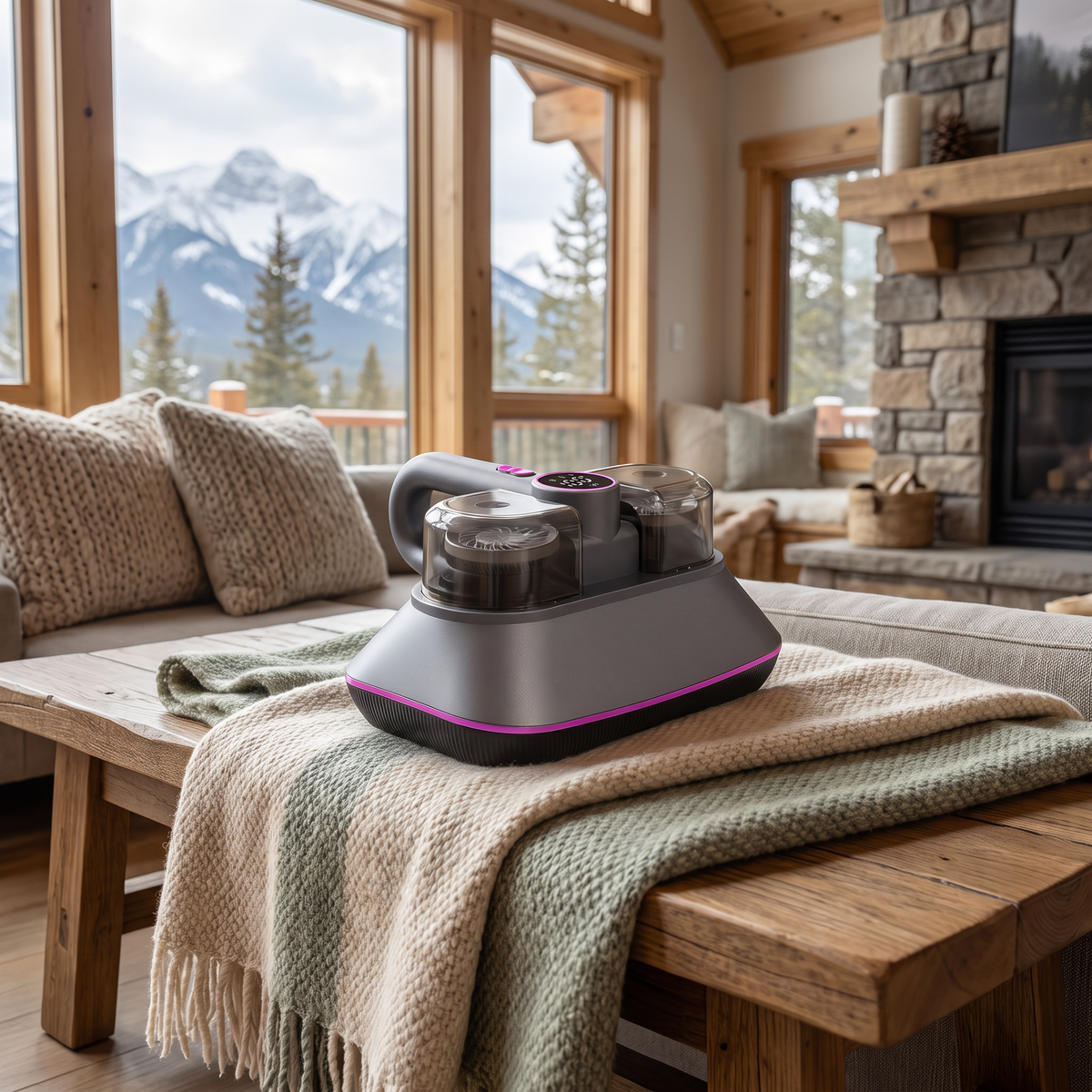 Cordless Bed & Fabric Vacuum Cleaner staged in a cozy mountain cabin living room with snow-capped mountain view