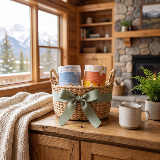 Blanket Blends Tea Gift Set lifestyle photo in a cozy mountain cabin