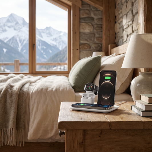 4-in-1 Wireless Charging Station for Phone, Watch, AirPods and Pencil staged in a warm mountain cabin bedroom with snow-capped mountain view