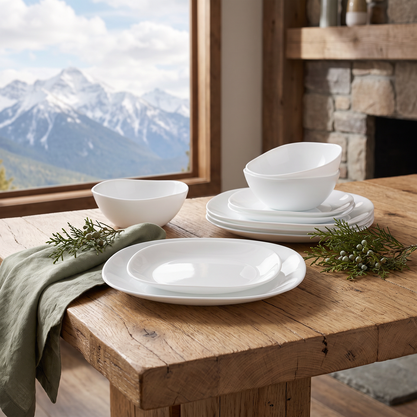 Ultra Piazza 12-piece opal dinnerware set, staged in a mountain cabin dining setting with a snow-capped mountain view