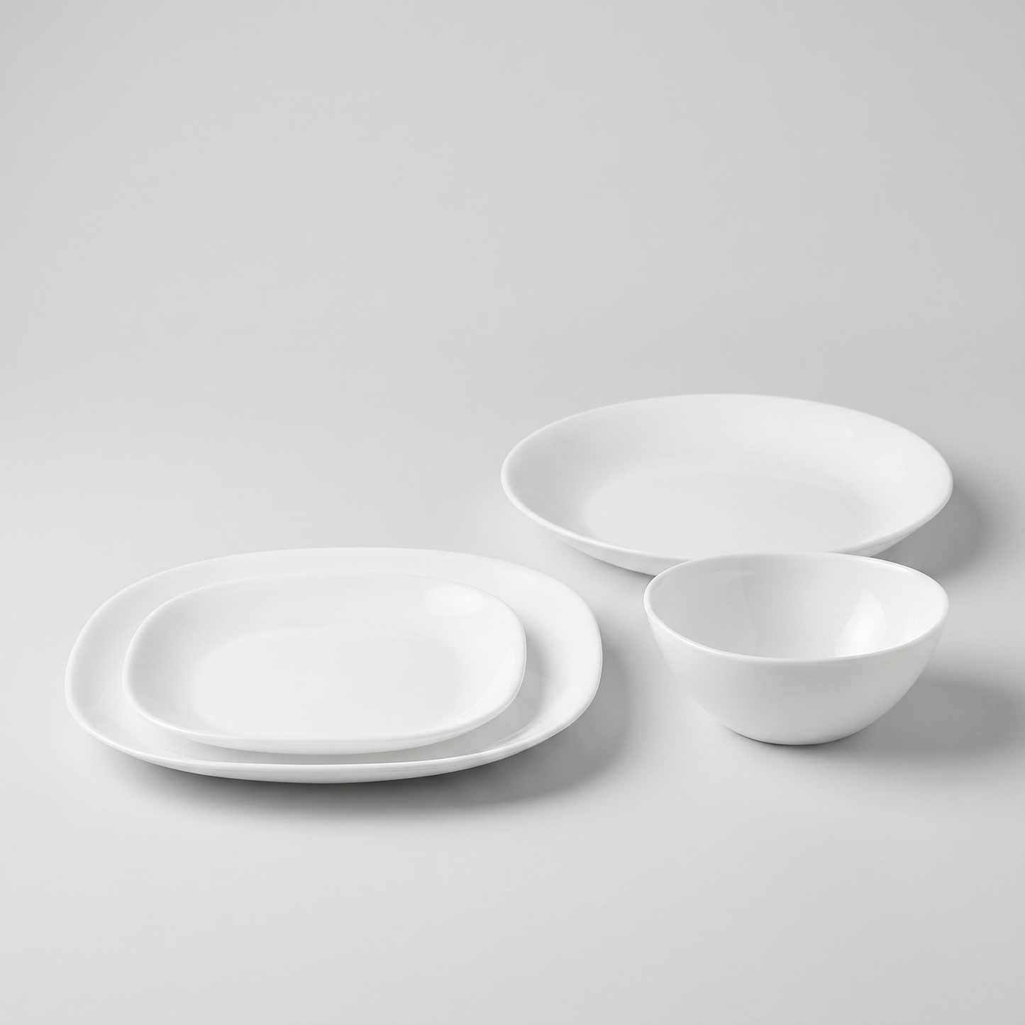 Ultra Piazza 12-piece opal dinnerware set, clean studio catalog product shot on neutral gray background
