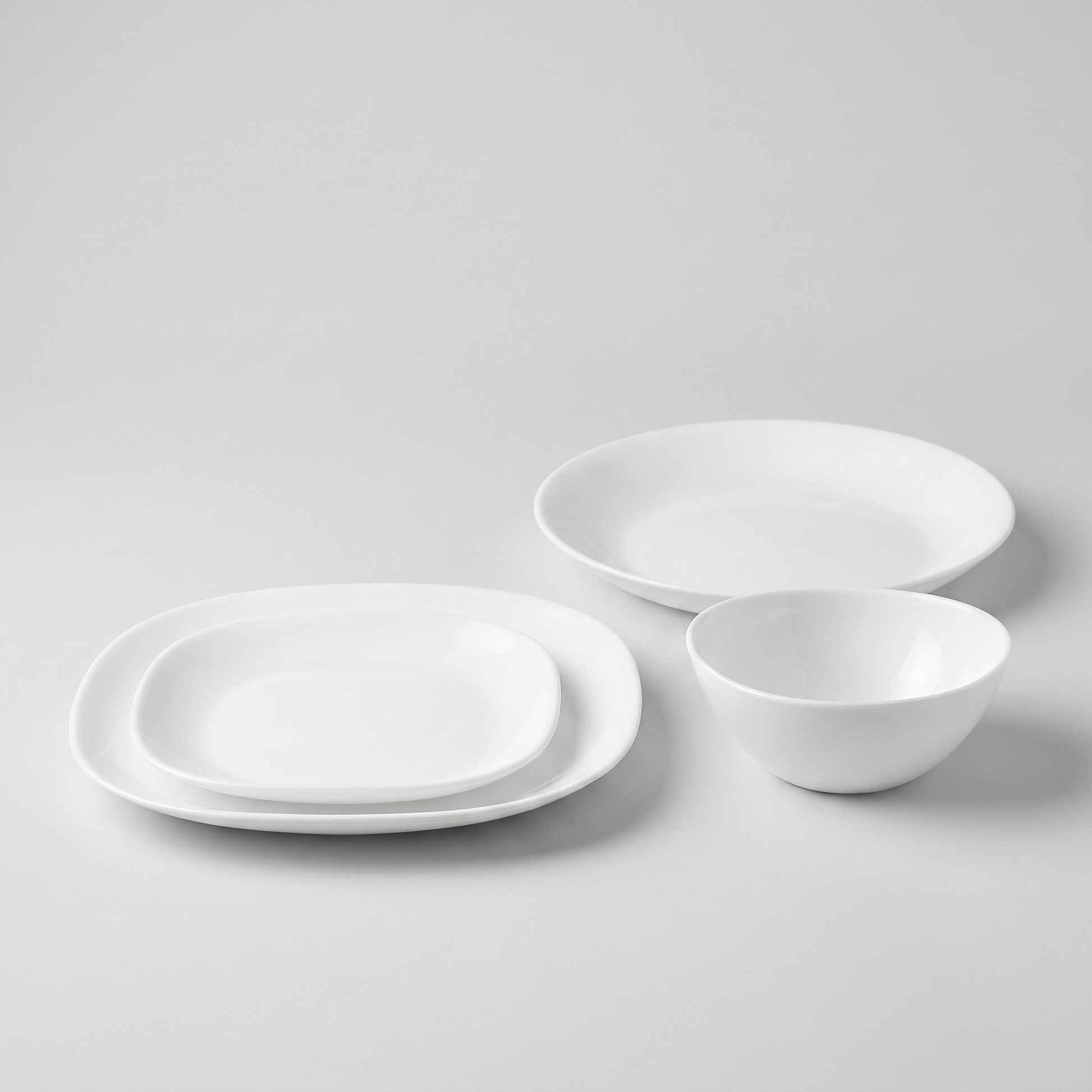 Ultra Piazza 12-piece opal dinnerware set, clean studio catalog product shot on neutral gray background