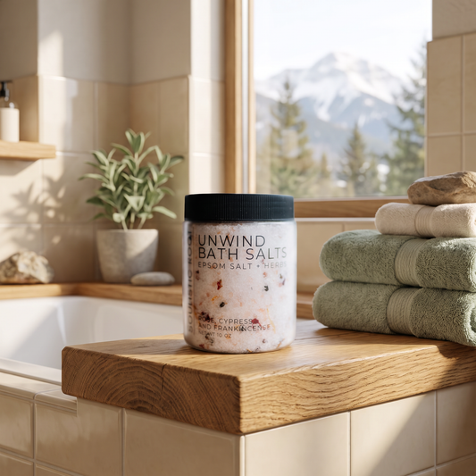 Unwind Bath Salt - lifestyle photo in mountain cabin setting